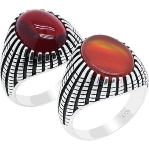 Natural Stone Ring 925 Silver Ring for Men Agate/Red Corundum Stone Vintage Punk Turkish Party Ring Handmade Fine Jewelry