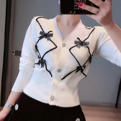 Beaded Bows Appliques Cute Cardigan Crop Top Women 2021 Autumn Thin Short Sweater Coat V Neck Black Cardigan White Knitwear