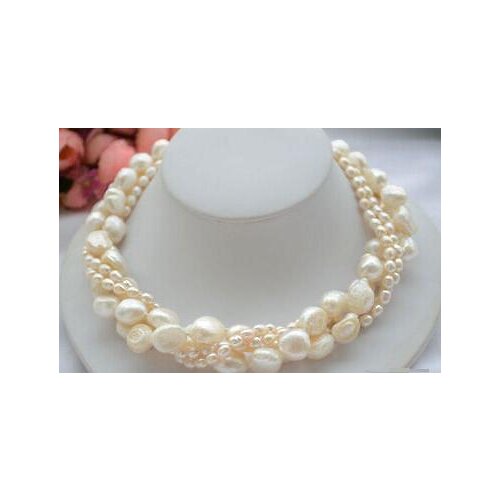 CB74 Beautiful 4row 17" 12mm white baroque rice freshwater pearl necklace