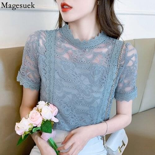 Summer Fashion Loose Lace Blouse Hollow Out Floral Chiffon Shirt White Short Sleeve Womens Top Korean O Neck Shirt Blusas 15211