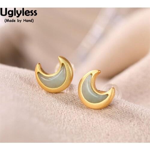 Uglyless 10MM MINI Crescent Moon Studs Earrings Nature Gemstones Jadeite Earrings Gold 925 Silver Brincos French Romance Jewelry