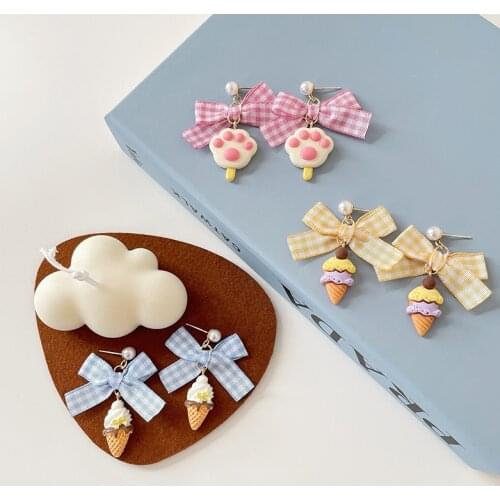 Juorest Sweet Bow Cute Earrings for Women Cat Paw Ice cream Korean Style Drop Earrings Trendy Girl Pearl Earrings Jewelry 2021