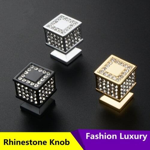Fashion Luxury Diamond drawer shoe cabinet knob pull silver gold black crystal Rhinestone kitchen cabinet door square handlle