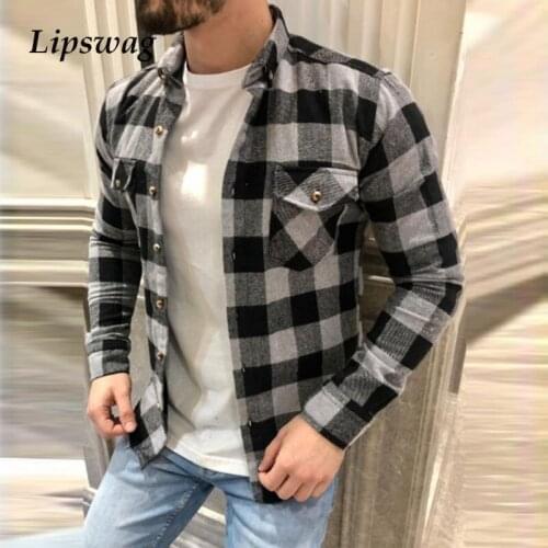 Autumn Mens Casual Long Sleeve Shirts Plaid Print Turn-down Collar Buttons Cardigan Tops 2021 Fashion Loose Shirt Men Streetwear