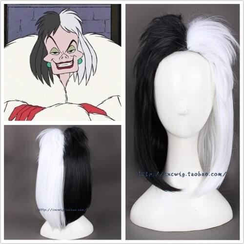 101 Dalmatians Cruella Devil Cosplay Wig Black White Synthetic Hair Halloween Party Play Role Wigs + Wig Cap