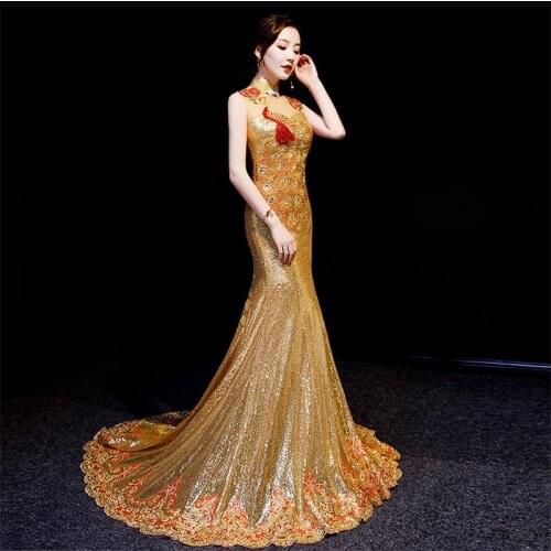Sexy Women Sleeveless Mermaid Qipao Bride Wedding Party Trailing Dress Chinese Style Embroidery Sequins Flower Cheongsam Vestido