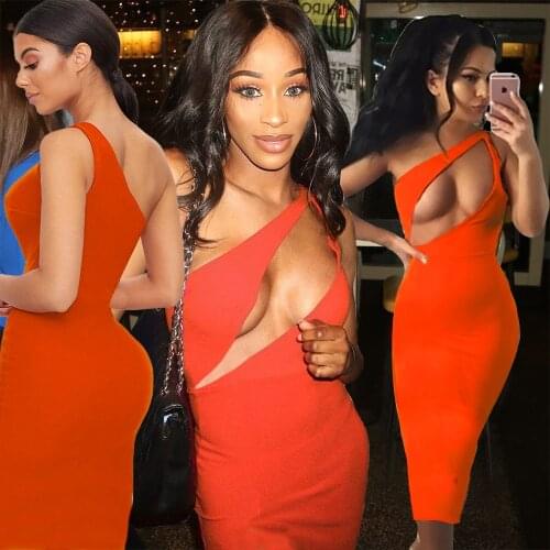 Echoine Orange One Shoulder Sleeveless Long Maxi Skinny Dress Ladies Party Club Vestidos
