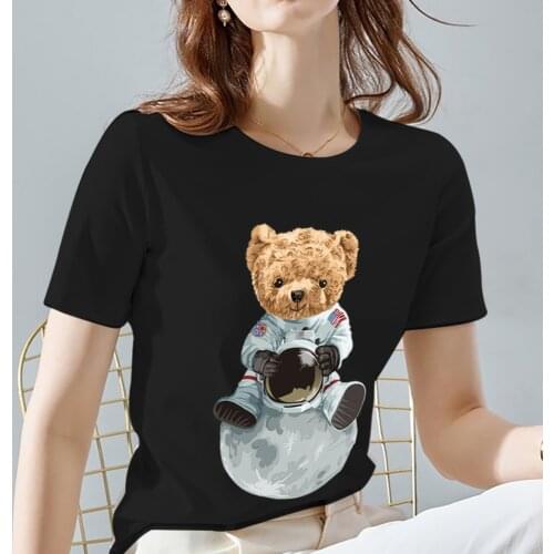 Casual Womens O-Neck All-match Tees Personalized Kawaii Bear Pattern Printing Series Black Short Sleeve Tops Women Clothes