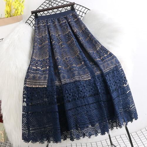 Retro High Waist Skirts Women 2021 Spring Mid-Length Crochet Hollow Lace Large Skirt Female Fashion Midi Saia Feminina zh229