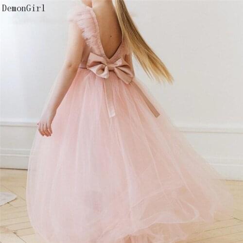 Pink Puffy Girls Dresses Backless Long First Communion Dresses Bow Sashes Girls Birthday Party Dresses