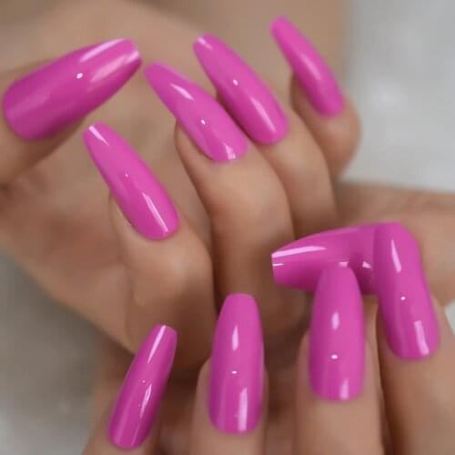 Rose Pink Extra Long Coffin Shape False Nails UV Shine Surface Neon Solid Color Acrylic Artificial Nail Tips 24