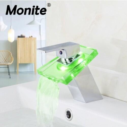 LED Glass Waterfall Bathroom Basin Mixer Tap Faucet Polished Chrome Brass Chrome Bathroom Faucets Mixer Taps