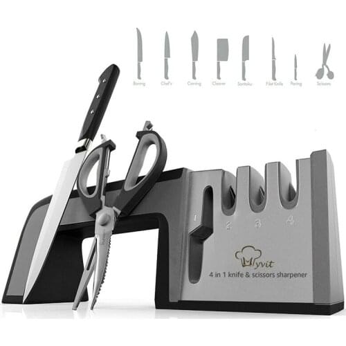 Knife Sharpener 4 in 1 Diamond Coated&ampFine Ceramic Rod Knife Shears and Scissors Sharpening System Stainless Steel Blad