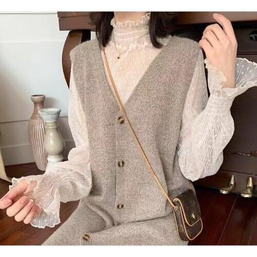 Women Turtleneck Sexy See Through Lace Mesh Blouse Loose Bottoming Blouse Fashion Vintage Female Autumn Winter New Tops Cheaper