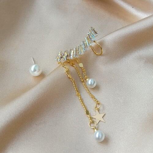 New Jewelry Crystal Imitation Pearl Asymmetric Star Tassel Temperament Personality Long Earrings Statement Fashion Womens Ea