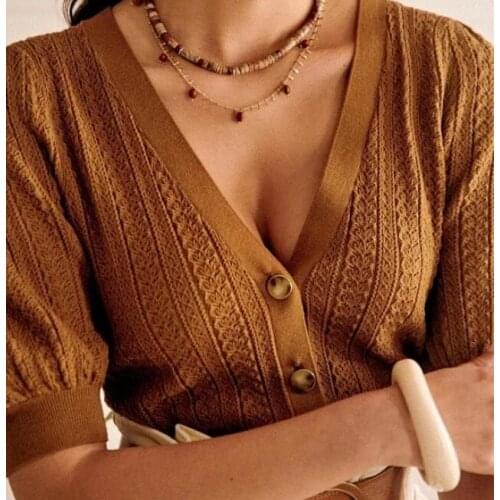 Women Knitted Short Sleeve Cardigan 2021 New Summer Autumn Tops V-neck Puff Sleeve Single Breasted Ladies Jumper