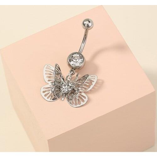Vintage Hollow Butterfly Pendant Belly Button Ring Women Stainless Steel Navel Body Piercing Jewelry Accessories