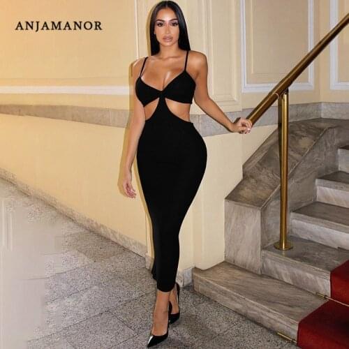 ANJAMANOR Sexy Deep V Side Cut Hollow Out Backless Maxi Dress Vacation Beach Club Dresses Women Summer Clothing 2021 D36-BG31