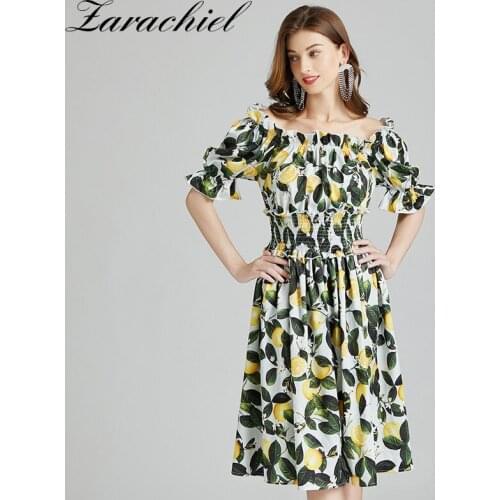 Summer Off The Shoulder Lemon Print Green Leaves Flower Dresses Womens Puff Sleeve Ruffles Elastic Waist Party Midi Vestidos