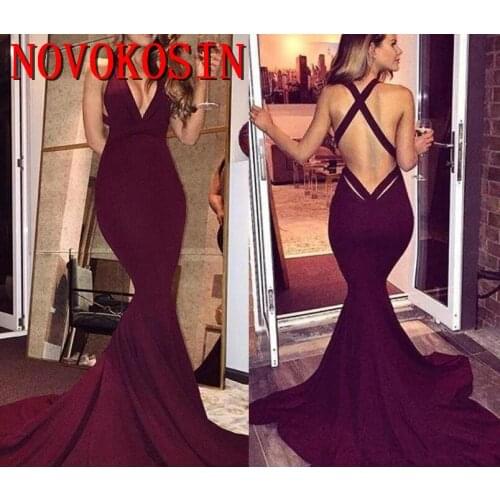 2019 Design Burgundy Cheap Mermaid Prom Dresses Sexy Simple V Neck Criss Cross Back Court Train Formal Evening Party Gown Custom