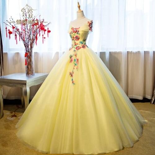 100%real light yellow flower embroidery elegant shawl collar ball gown royal Medieval Renaissance Victorian dress Belle ball