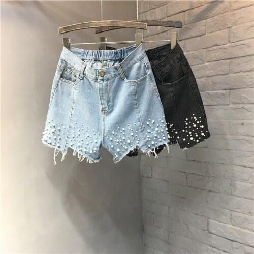 2021 Summer women fashion pearls beading ripped denim shorts high waist elastic waist loose plus size jean shorts 3XL 4XL A407