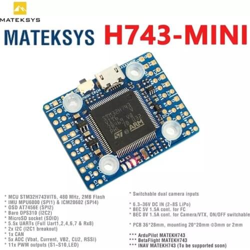 20x20mm Matek H743 MINI H743 Flight Controller STM32H743VIT6 ICM20602 Built-in OSD DPS310 PDB for FPV RC Racing Drone Parts
