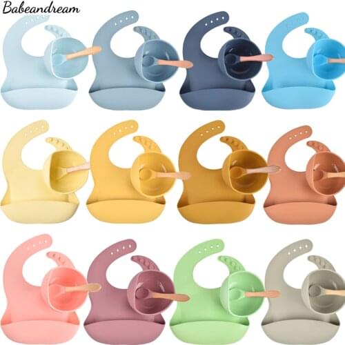 3Pcs Baby Silicone Bibs+Dinner Plate Bowl+Spoon Dishes Set Sucker Bowl Spoon Waterproof For Children Bib Solid Feeding Bowl Bibs