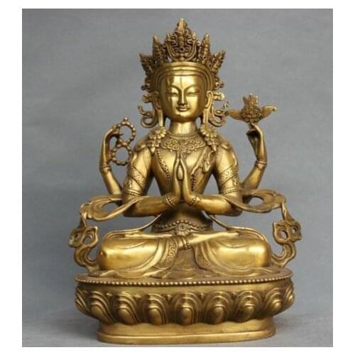 9” EXQUISITE China Tibet Bronze 4 Arms Kwan-yin Chenrizg Buddha Statue