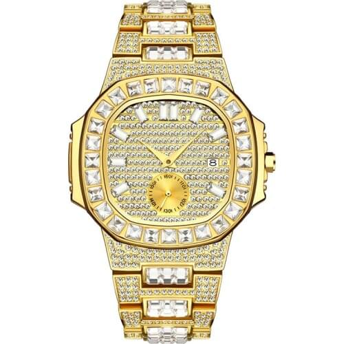 Hip Hop Mens Watches Luxury Date Quartz Wrist Waterproof Watches CZ Stone Paved Stainless Steel Watch for Men Charm Jewelry