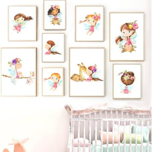 Flower Deer Cute Girl Wing Nordic Posters And Prints Wall Art Canvas Painting Cartoon Wall Pictures For Baby Kids Room Decor