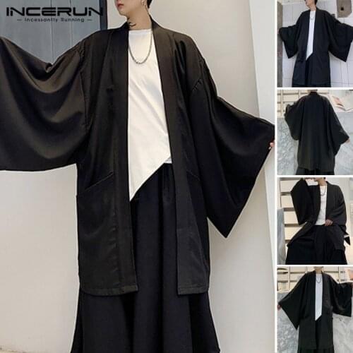 INCERUN Men Black Cardigan Shirt Casual Open Stitch Outwear Man Trench Long Sleeve Long Coats Fashion Japanese Style Yukata Tops