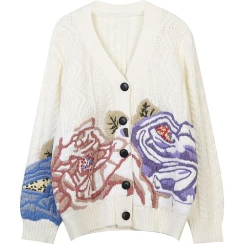 2021 Autumn Winter New Womens V-Neck Long Sleeve Contrast Flower Embroidery Loose Temperament Thickened Knitted Warm Cardigan
