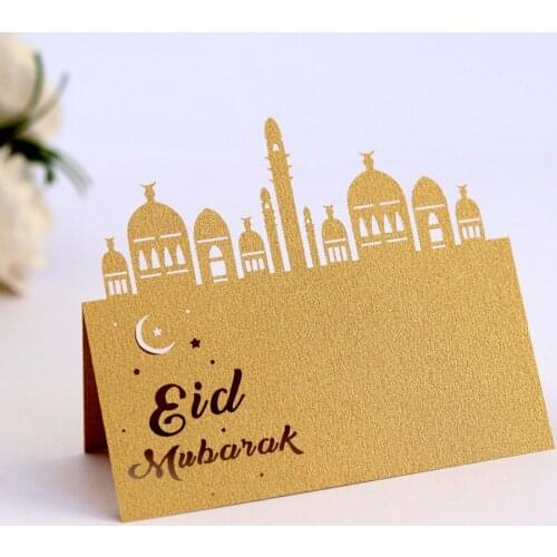 10pcs Eid Mubarak Party Seat Card Laser Hollow Festival Card Gold Bronze Place Cards Happy Eid Ramadan Kareem Muslim Party Decor