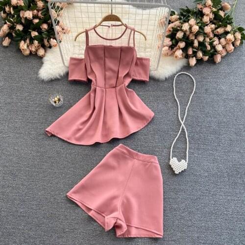 Ladies' Temperament Suit Womens Summer Wear Pleated Waist Irregular Lotus Leaf Tops + Versatile Wide Leg Shorts Two-piece Suit