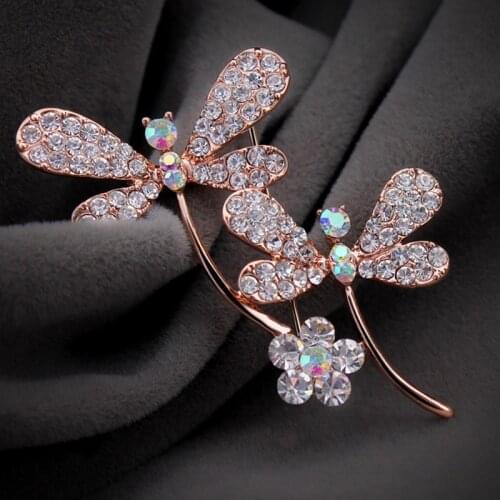 Fashion Luxury Rainbow Crystal Flower Double Dragonfly Brooches Rhinestone Alloy Animal Brooch Lady Party Pins Birthday Gifts
