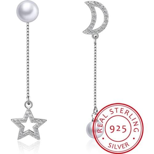 New Pearl Shiny Zirconia Star Moon Design 925 Sterling Silver Dangle Earrings for Women Girls Fine Jewelry
