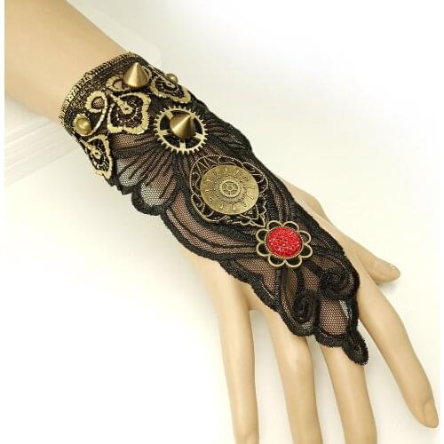 Fine Quality Gears and Rivets Women`s Vintage Steampunk Back of Hand Cover Lace Bracelet