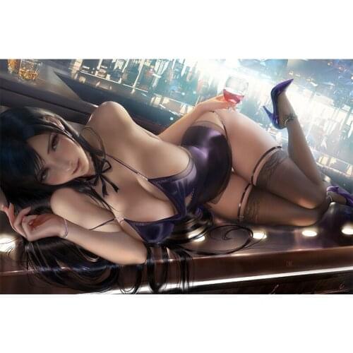 Sexy Woman Tifa with Wine Bar Girl Canvas Painting Custom Print Video Game Anime Poster Wall Art Picture for Bedroom Decoration
