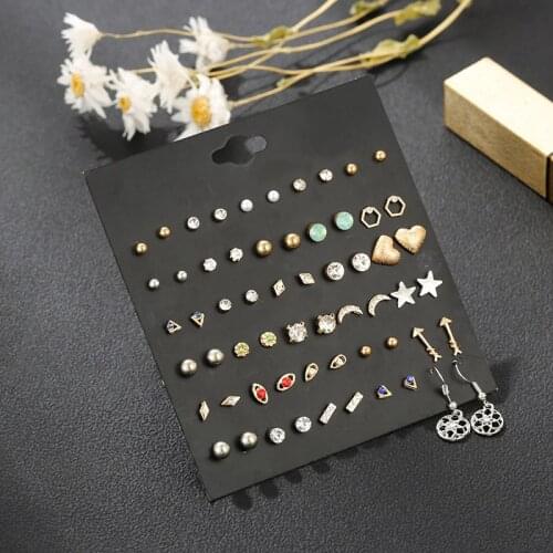 30 pairs/set ethnic boho mixed picercing ball moon star stud earring set for women gir fashion rhinestone pearl wedding earrings
