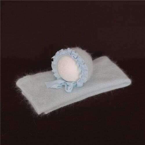 Light Blue Newborn Girl Wrap Ruffer Hat Set Props Angola Baby Wrap Handmade Knitted Bonnet for Newborn Photo Props