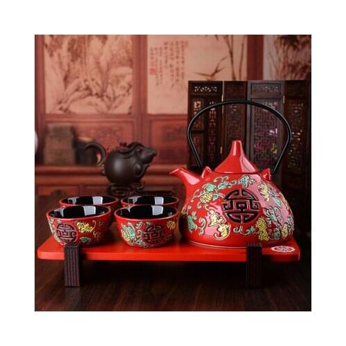 Chinese traditional red ceramic tea set suit creative wedding supplies tea cup pot tray newlywed gift teaware teapot teacup