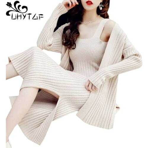 UHYTGF Autumn Vest sweater skirt two-piece Knitted Sling Sexy Dress with Long Sleeve Cardigan Knit Sweater 2 piece set women 244