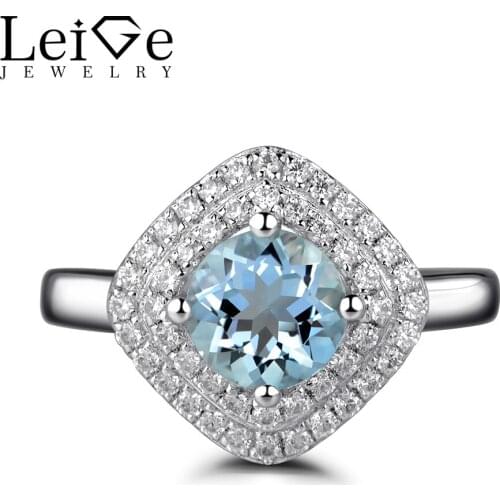 Leige Jewelry Double Halo Aquamarine Rings for Women Sterling Silver 925 Wedding Engagement Blue Gemstone Ring Round Cut