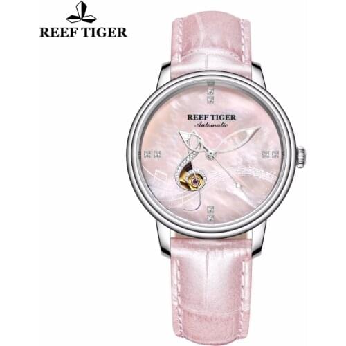 Reef Tiger/RT Top Brand Women Pink Dial Genuine Leather Strap Watches Mechanical Analog Watches relogio feminino RGA1582