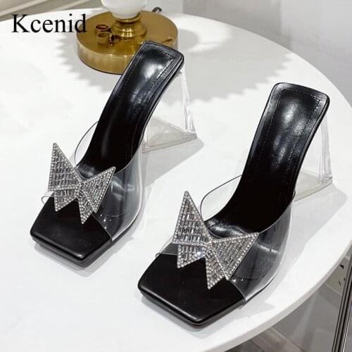 Kcenid Rhinestone Bowtie PVC Transparent Womens Slippers 2022 Fashion Square Toe Crystal Slides Perspex Heel Women Shoes