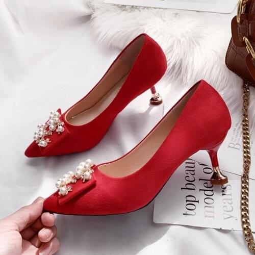 2020 Pointy Red Wedding Shoe Bridesmaid Wedding Bride Stiletto Heel High Heel Woman Shallow Mouth Single Shoe Pearl Decoration