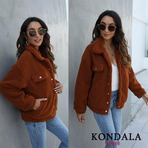 KONDALA Womens Coat Za Wool Flocking Casual Thick Winter Coat Female Pockets Long Sleeve Turn-Down Collar Zipper Jackets Mujer