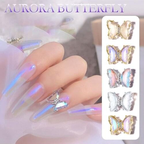 2Pc Aurora Glitter Pailletten 3D Vlinder Zirkoon Nagels Steentjes Sieraden Diy Professionele Manicure Nail Art Decoraties Tool