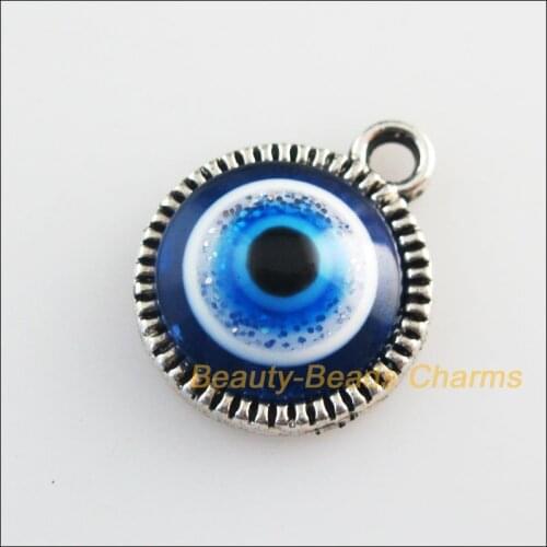 16 New Charms Round Flower Blue Eye Resin Pendants Tibetan Silver Color 12.5x15mm
